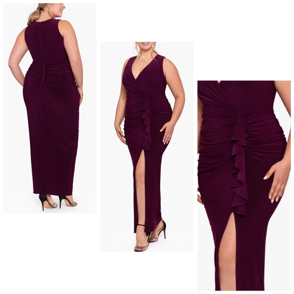 NWT Betsy and Adam “Bobbi” Long Ruffled V Neck Wine Dress size 16W
